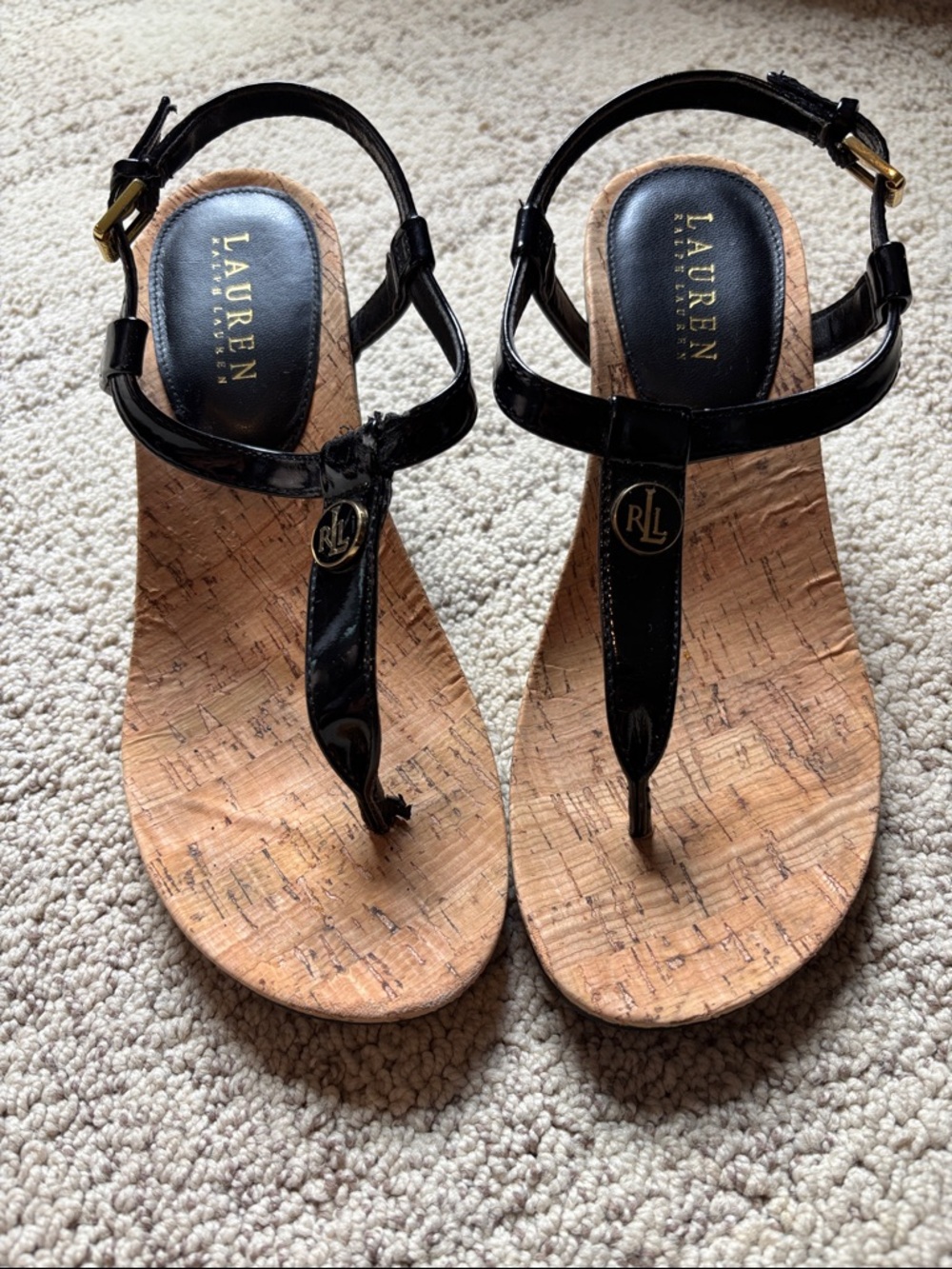 Lauren Ralph Lauren Black Patent T-Strap Cork Footbed Sandals